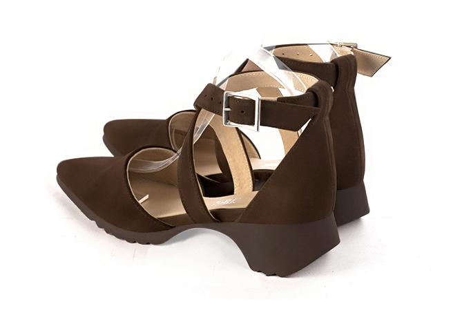 Dress heels closed-back crossed straps in dark brown leather with  and  - Rear view